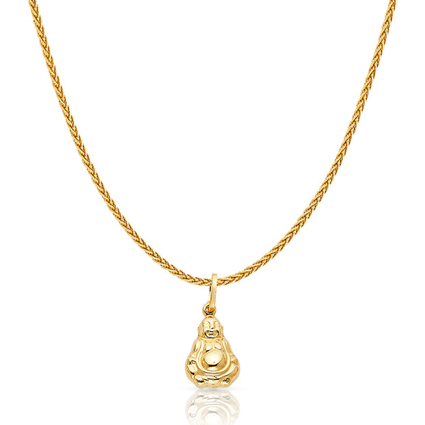 14K Gold Plain Buddha Charm Pendant with 1.1mm Wheat Chain Necklace