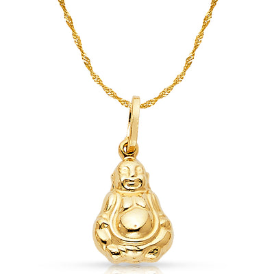 14K Gold Plain Buddha Charm Pendant with 1.2mm Singapore Chain Necklace