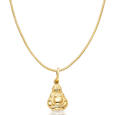 14K Gold Plain Buddha Charm Pendant with 0.8mm Box Chain Necklace
