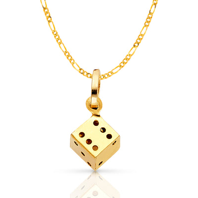 14K Gold Dice Charm Pendant with 1.6mm Figaro 3+1 Chain Necklace