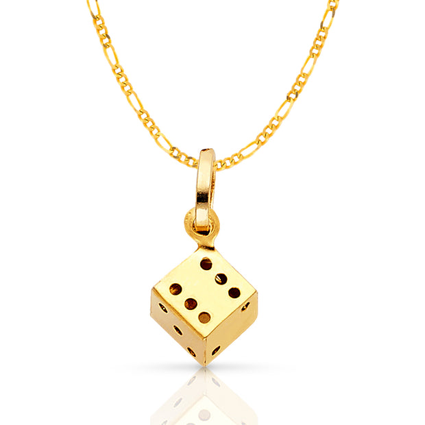 14K Gold Dice Charm Pendant with 1.6mm Figaro 3+1 Chain Necklace
