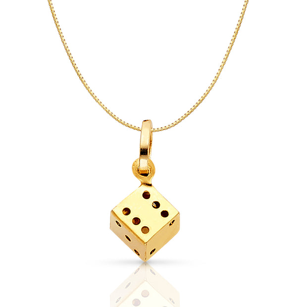 14K Gold Dice Charm Pendant with 0.6mm Box Chain Necklace