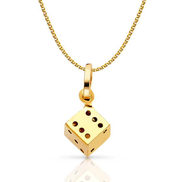 14K Gold Dice Charm Pendant with 1.2mm Flat Open Wheat Chain Necklace