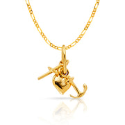 14K Gold Faith, Hope, and Charity Lucky Charm Pendant with 2mm Figaro 3+1 Chain Necklace