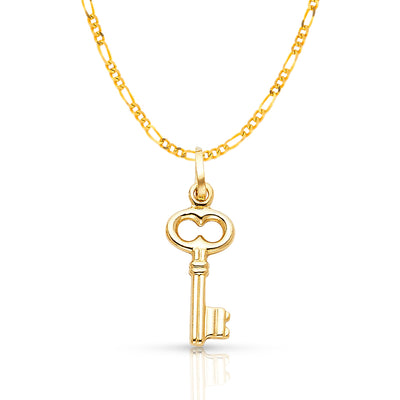 14K Gold Plain Key Charm Pendant with 2mm Figaro 3+1 Chain Necklace