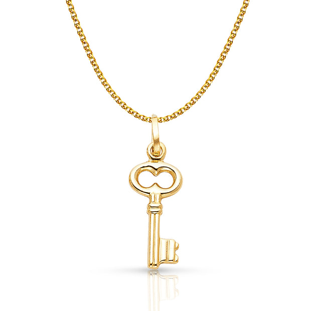 14K Gold Plain Key Charm Pendant with 1.5mm Flat Open Wheat Chain Necklace