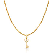 14K Gold Plain Key Charm Pendant with 1.1mm Wheat Chain Necklace