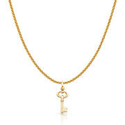 14K Gold Plain Key Charm Pendant with 1.1mm Wheat Chain Necklace