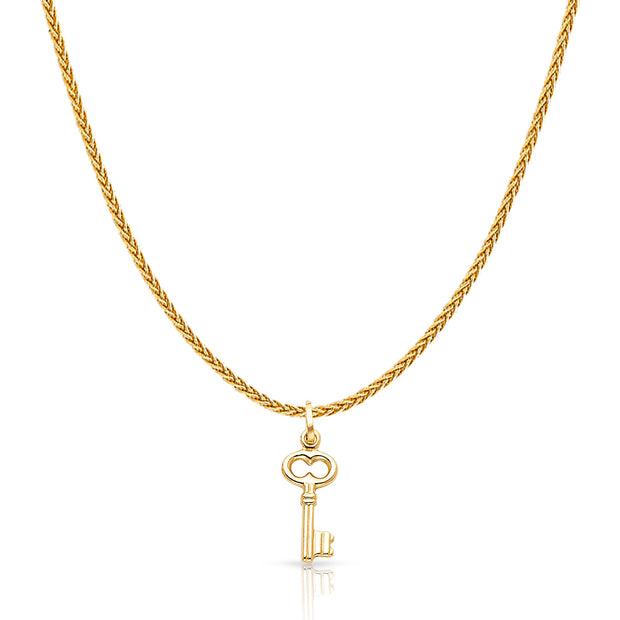 14K Gold Plain Key Charm Pendant with 1.1mm Wheat Chain Necklace