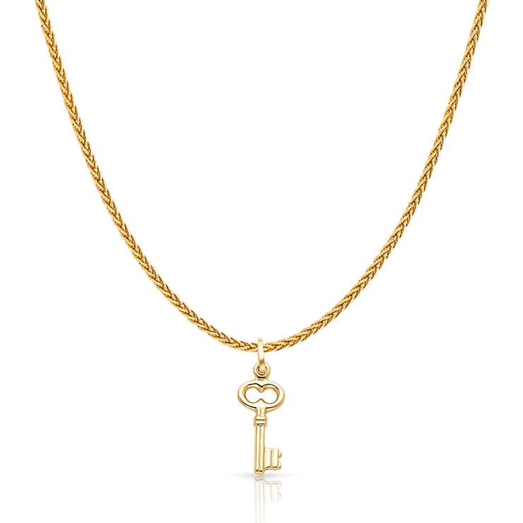 14K Gold Plain Key Charm Pendant with 1.1mm Wheat Chain Necklace