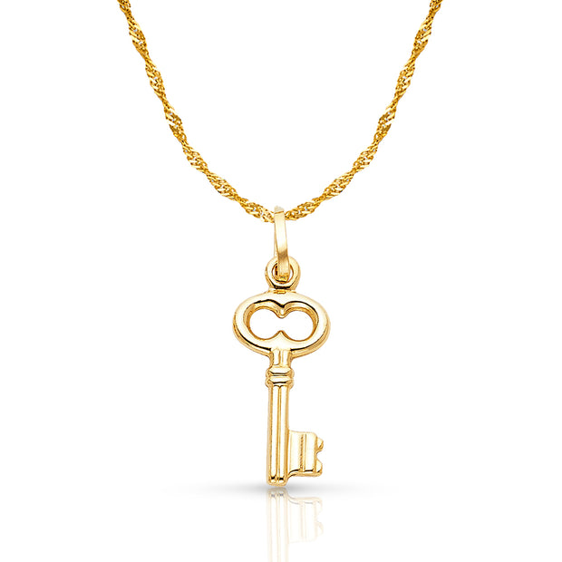 14K Gold Plain Key Charm Pendant with 1.2mm Singapore Chain Necklace