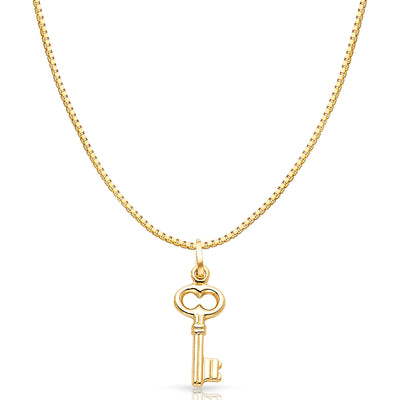 14K Gold Plain Key Charm Pendant with 0.8mm Box Chain Necklace