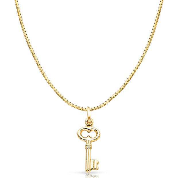 14K Gold Plain Key Charm Pendant with 0.8mm Box Chain Necklace