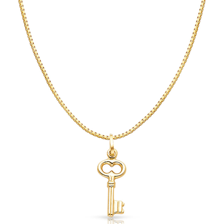 14K Gold Plain Key Charm Pendant with 0.8mm Box Chain Necklace