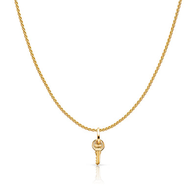 14K Gold Key Charm Pendant with 0.9mm Wheat Chain Necklace