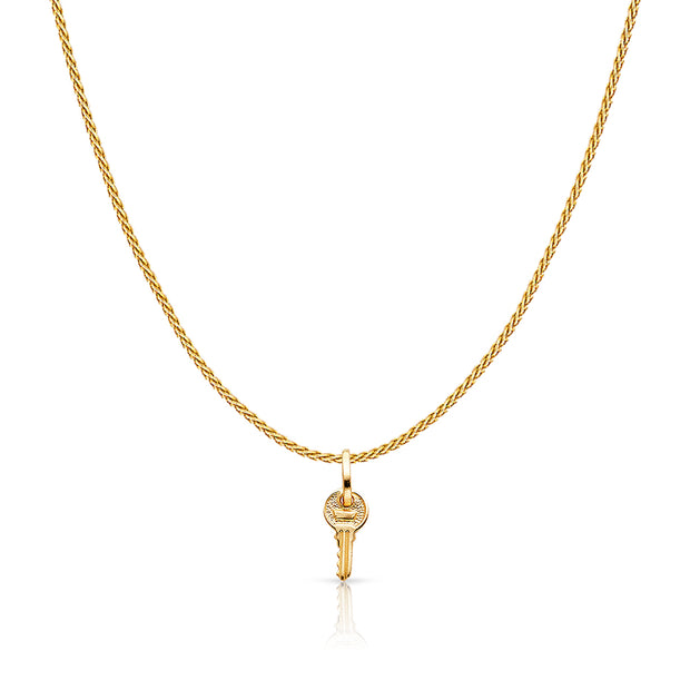 14K Gold Key Charm Pendant with 0.9mm Wheat Chain Necklace