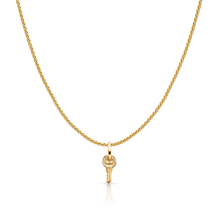 14K Gold Key Charm Pendant with 0.9mm Wheat Chain Necklace