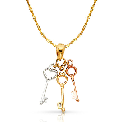 14K Gold Key Charm Pendant with 1.2mm Singapore Chain Necklace