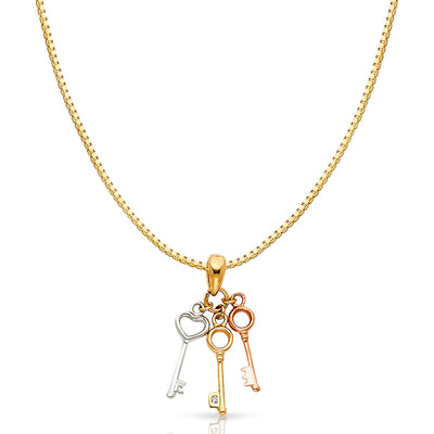 14K Gold Key to My 3 Triple Variety Key Charm Pendant with 0.8mm Box Chain Necklace