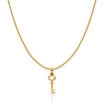 14K Gold Heart Key Charm Pendant with 0.9mm Wheat Chain Necklace