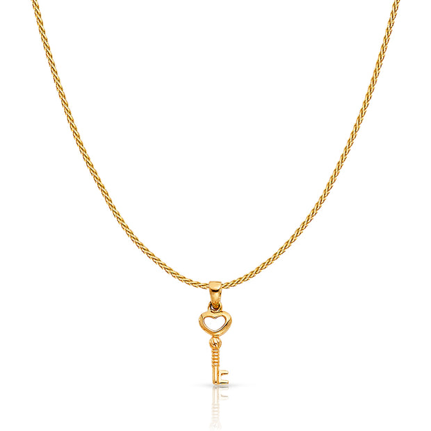 14K Gold Heart Key Charm Pendant with 0.9mm Wheat Chain Necklace