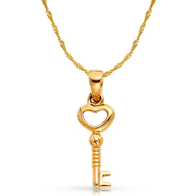 14K Gold Heart Key Charm Pendant with 0.9mm Singapore Chain Necklace