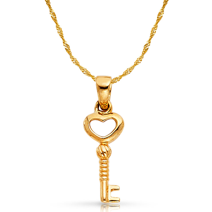 14K Gold Heart Key Charm Pendant with 0.9mm Singapore Chain Necklace