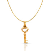 14K Gold Heart Key Charm Pendant with 0.8mm Box Chain Necklace