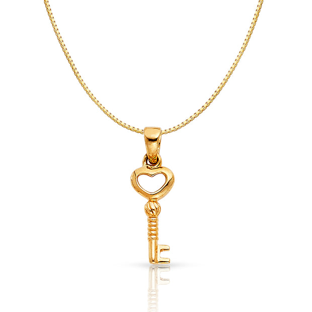 14K Gold Heart Key Charm Pendant with 0.8mm Box Chain Necklace