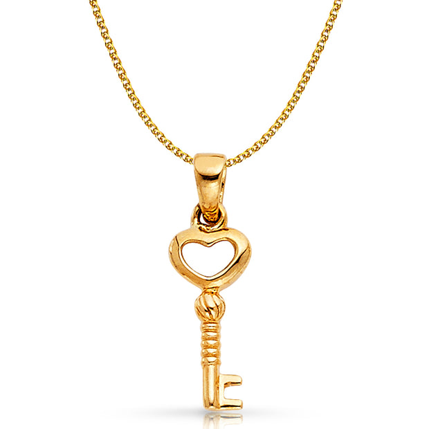 14K Gold Heart Key Charm Pendant with 1.2mm Flat Open Wheat Chain Necklace