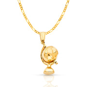14K Gold Globe Traveler's Charm Pendant with 2mm Figaro 3+1 Chain Necklace