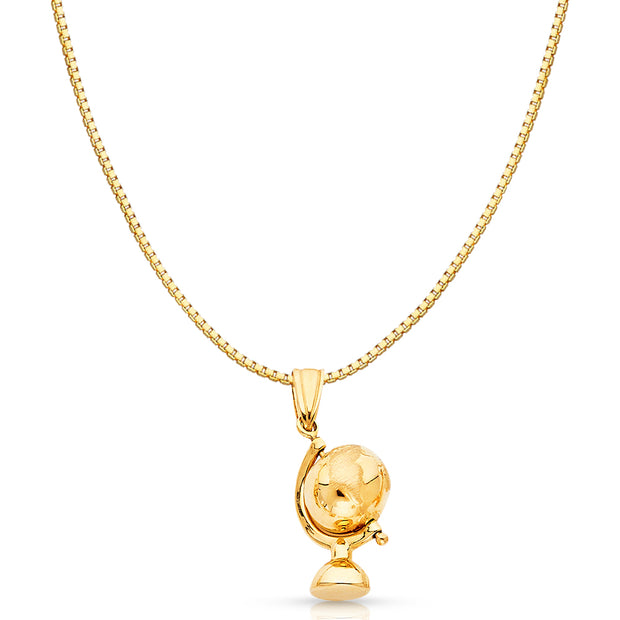 14K Gold Earth Globe Traveler's Charm Pendant with 0.8mm Box Chain Necklace