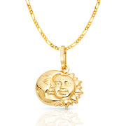 14K Gold Sun & Moon Charm Pendant with 2mm Figaro 3+1 Chain Necklace