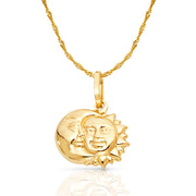 14K Gold Sun & Moon  Charm Pendant with 0.9mm Singapore Chain Necklace