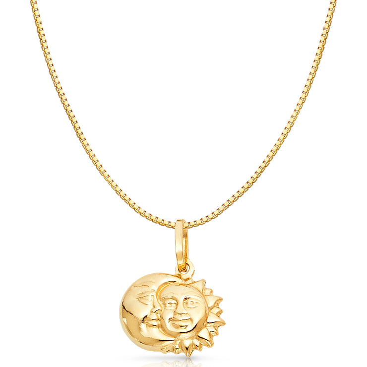 14K Gold Half Moon & Full Sun Charm Pendant with 0.8mm Box Chain Necklace