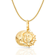 14K Gold Sun & Moon  Charm Pendant with 1.2mm Flat Open Wheat Chain Necklace