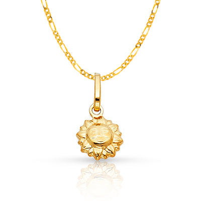14K Gold Sun Charm Pendant with 1.6mm Figaro 3+1 Chain Necklace