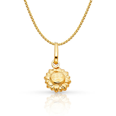 14K Gold Sun Charm Pendant with 1.2mm Flat Open Wheat Chain Necklace