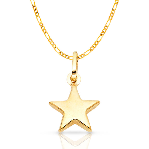 14K Gold Plain Star Charm Pendant with 2mm Figaro 3+1 Chain Necklace