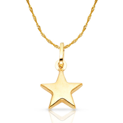 14K Gold Plain Star Charm Pendant with 0.9mm Singapore Chain Necklace