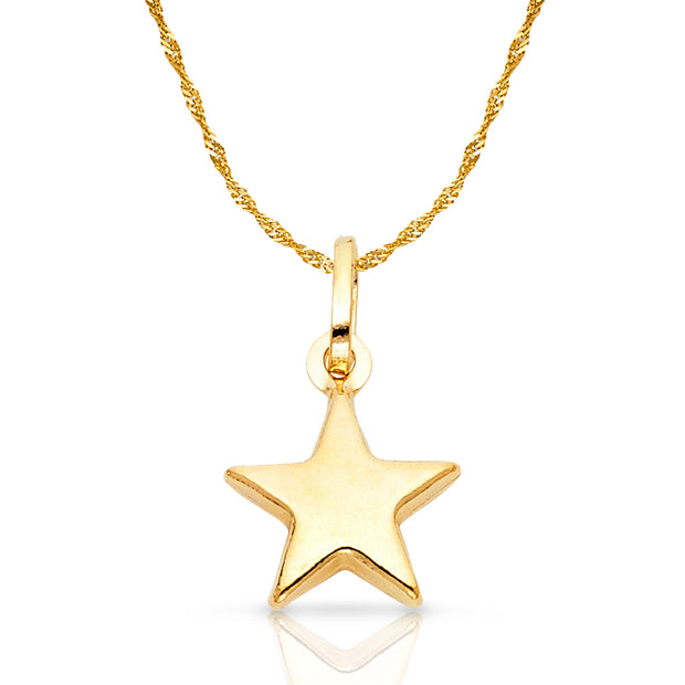 14K Gold Plain Star Charm Pendant with 0.9mm Singapore Chain Necklace