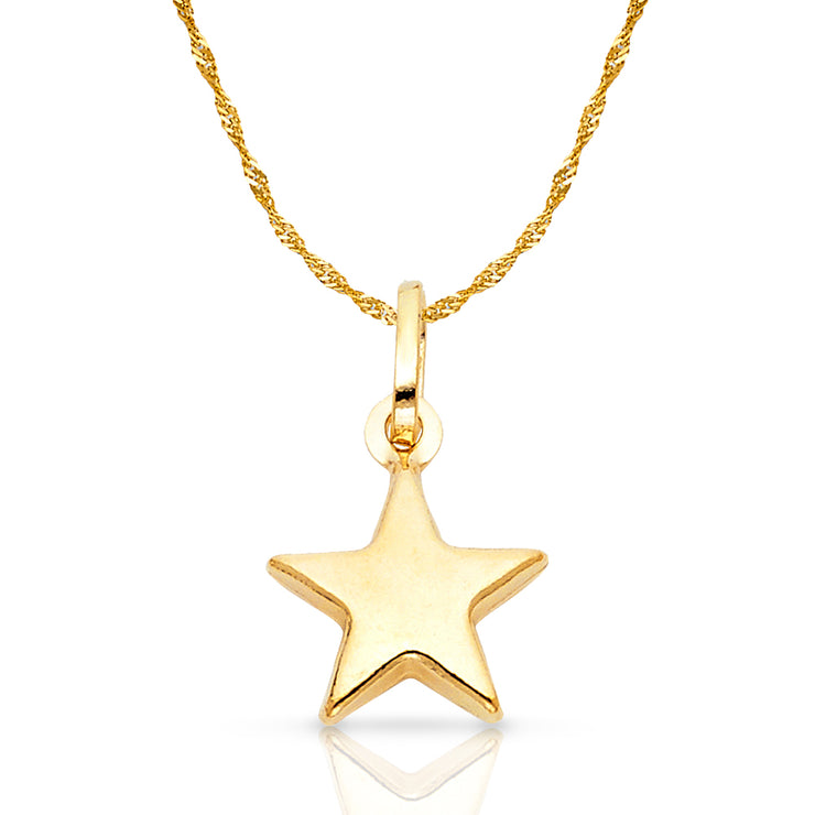 14K Gold Plain Star Charm Pendant with 0.9mm Singapore Chain Necklace