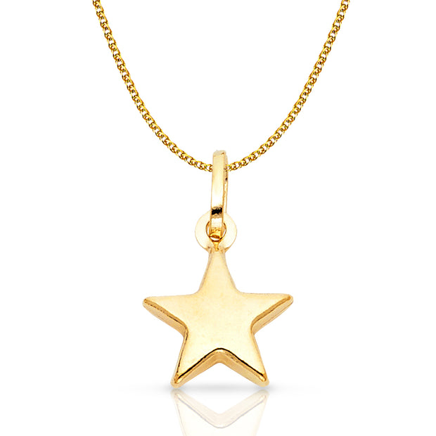14K Gold Plain Star Charm Pendant with 1.2mm Flat Open Wheat Chain Necklace