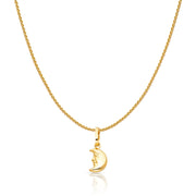 14K Gold Half Moon Face Charm Pendant with 0.9mm Wheat Chain Necklace