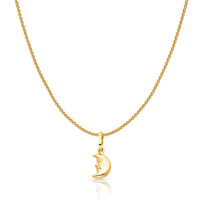 14K Gold Half Moon Face Charm Pendant with 0.9mm Wheat Chain Necklace