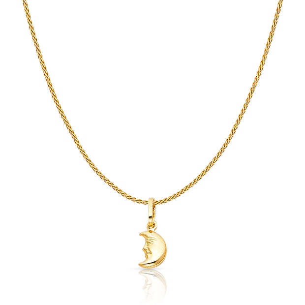 14K Gold Half Moon Face Charm Pendant with 0.9mm Wheat Chain Necklace