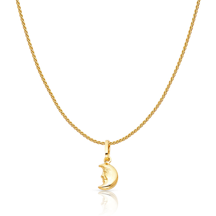 14K Gold Half Moon Face Charm Pendant with 0.9mm Wheat Chain Necklace