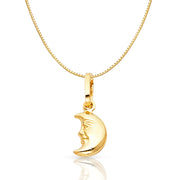 14K Gold Half Moon Face Charm Pendant with 0.8mm Box Chain Necklace