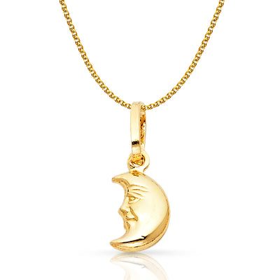 14K Gold Moon Face Charm Pendant with 1.2mm Flat Open Wheat Chain Necklace