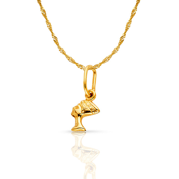 14K Gold Egyptian Queen Pharoah Nefertiti Charm Pendant with 0.9mm Singapore Chain Necklace